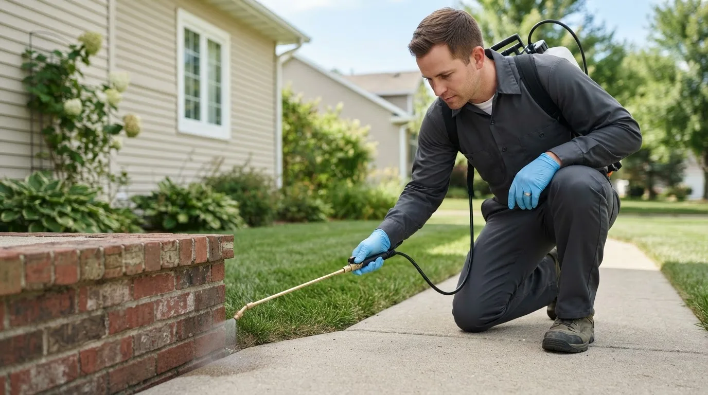 Pest control technician treating a home near Skidmore, TX