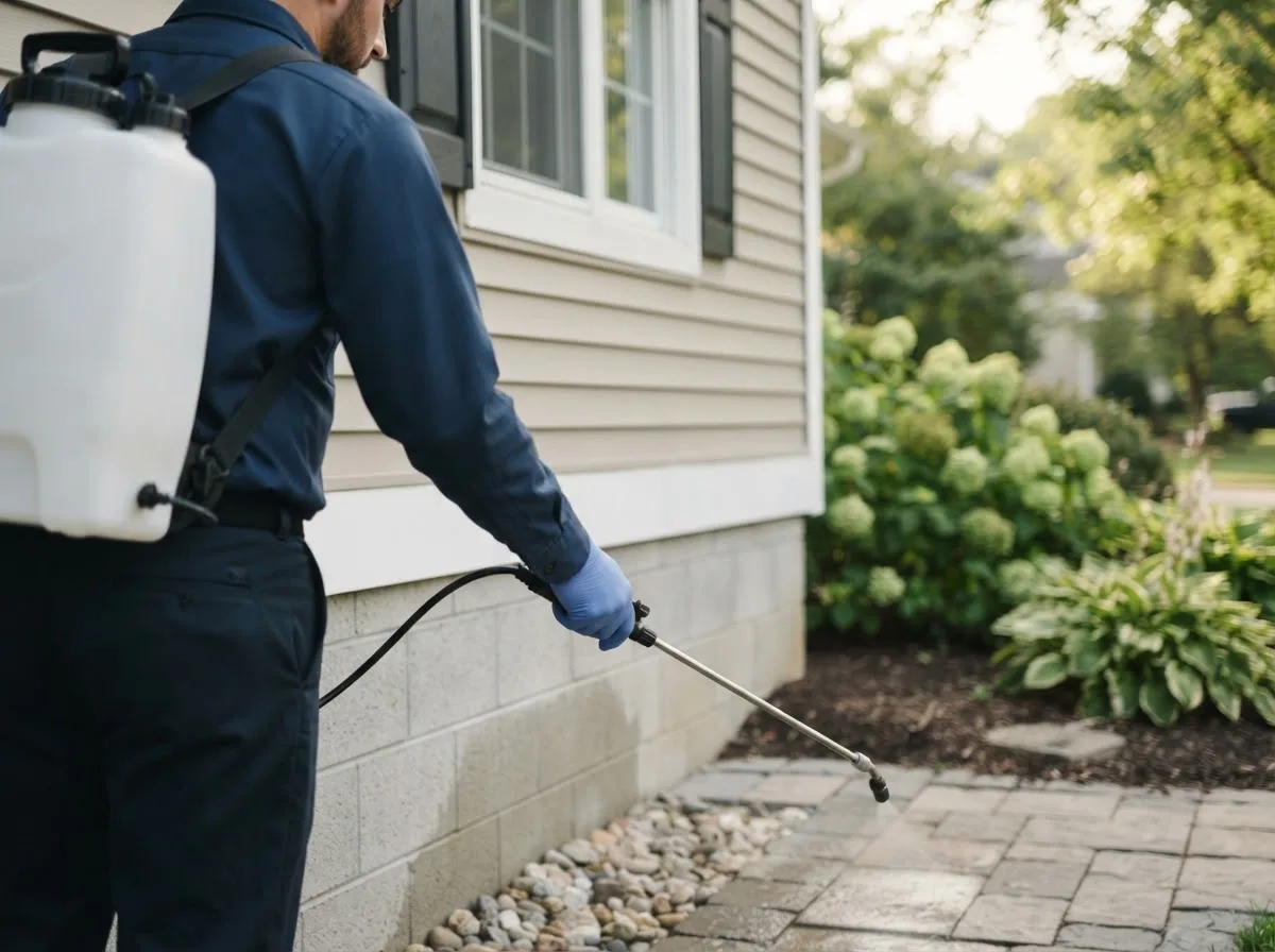 Pest control technician inspecting a home in Skidmore, TX